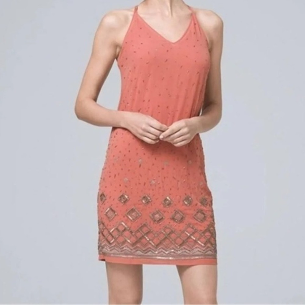 White House Black Market Dresses Salmon Beaded V-Neck Sleeveless Mini Dress